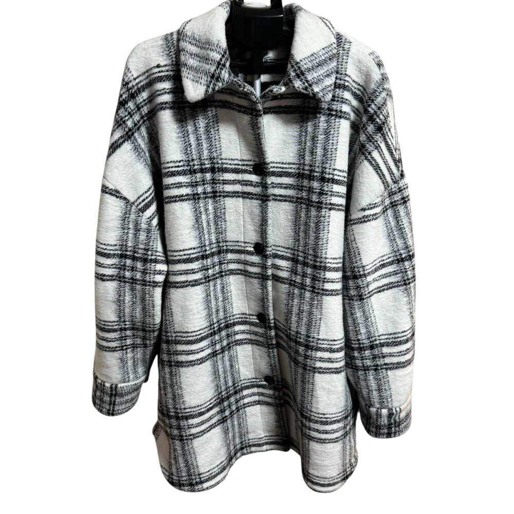 Topshop Black Longline Coat Size 16 White Black Plaid Button Pockets Borg Women